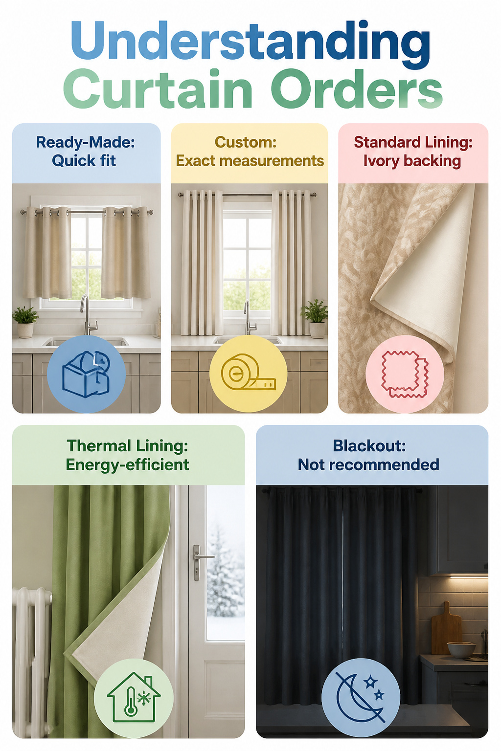 Kitchen Window Curtains: Styles, Fabrics, and How to Choose 10 An image illustrating custom curtain orders for kitchen windows.