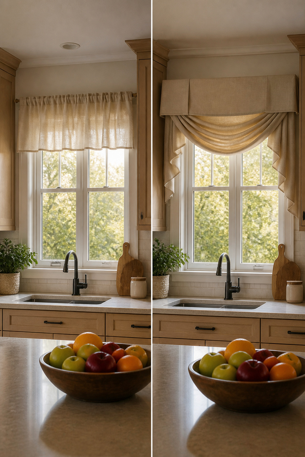 Kitchen Window Curtains: Styles, Fabrics, and How to Choose 2 A kitchen window adorned with a valance and swags for decoration.