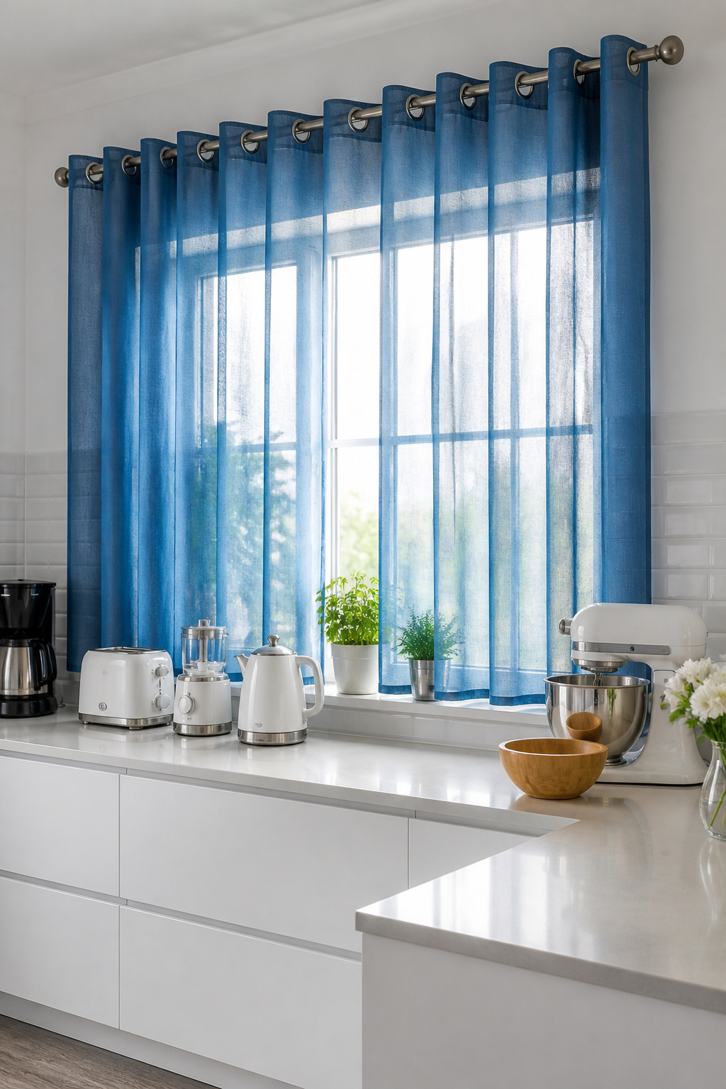 Kitchen Window Curtains: Styles, Fabrics, and How to Choose 4 A large kitchen window with grommet curtains in cerulean blue.