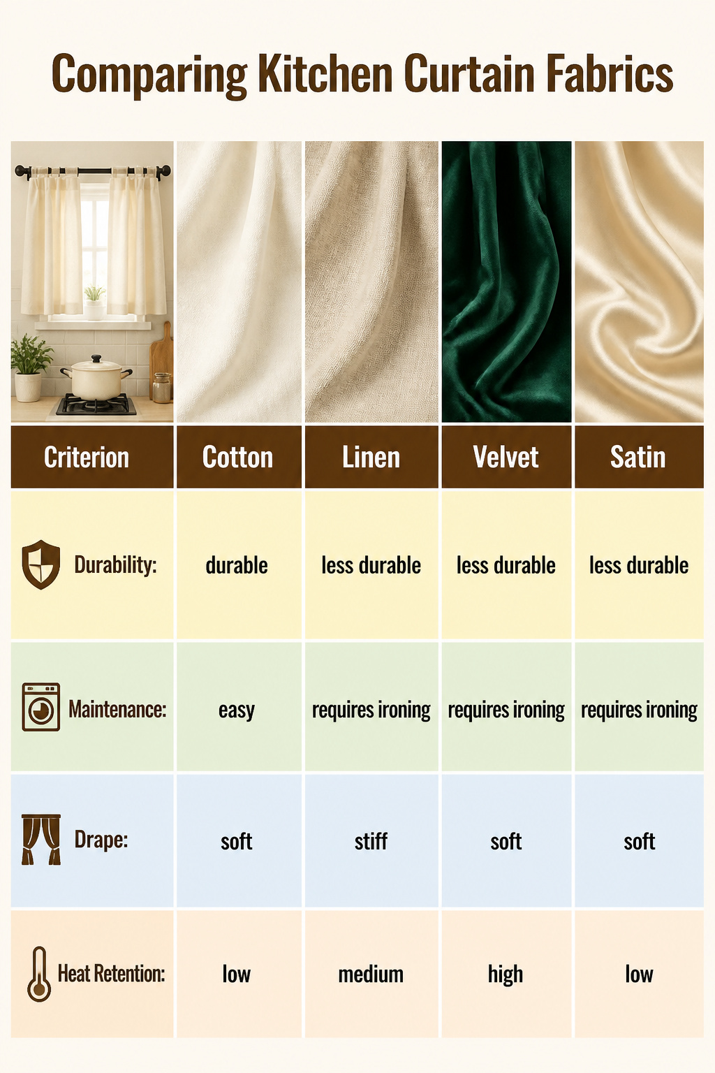 Kitchen Window Curtains: Styles, Fabrics, and How to Choose 6 An image comparing different kitchen curtain fabrics like cotton and linen.