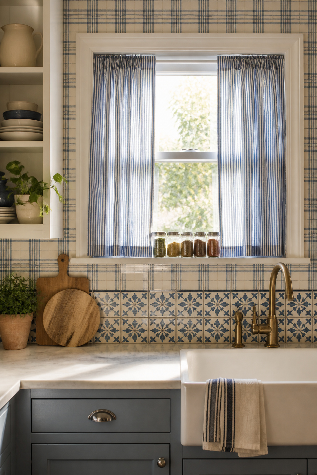 Kitchen Window Curtains: Styles, Fabrics, and How to Choose 7 A small kitchen window with Ticking Stripe Rod Pocket curtains.