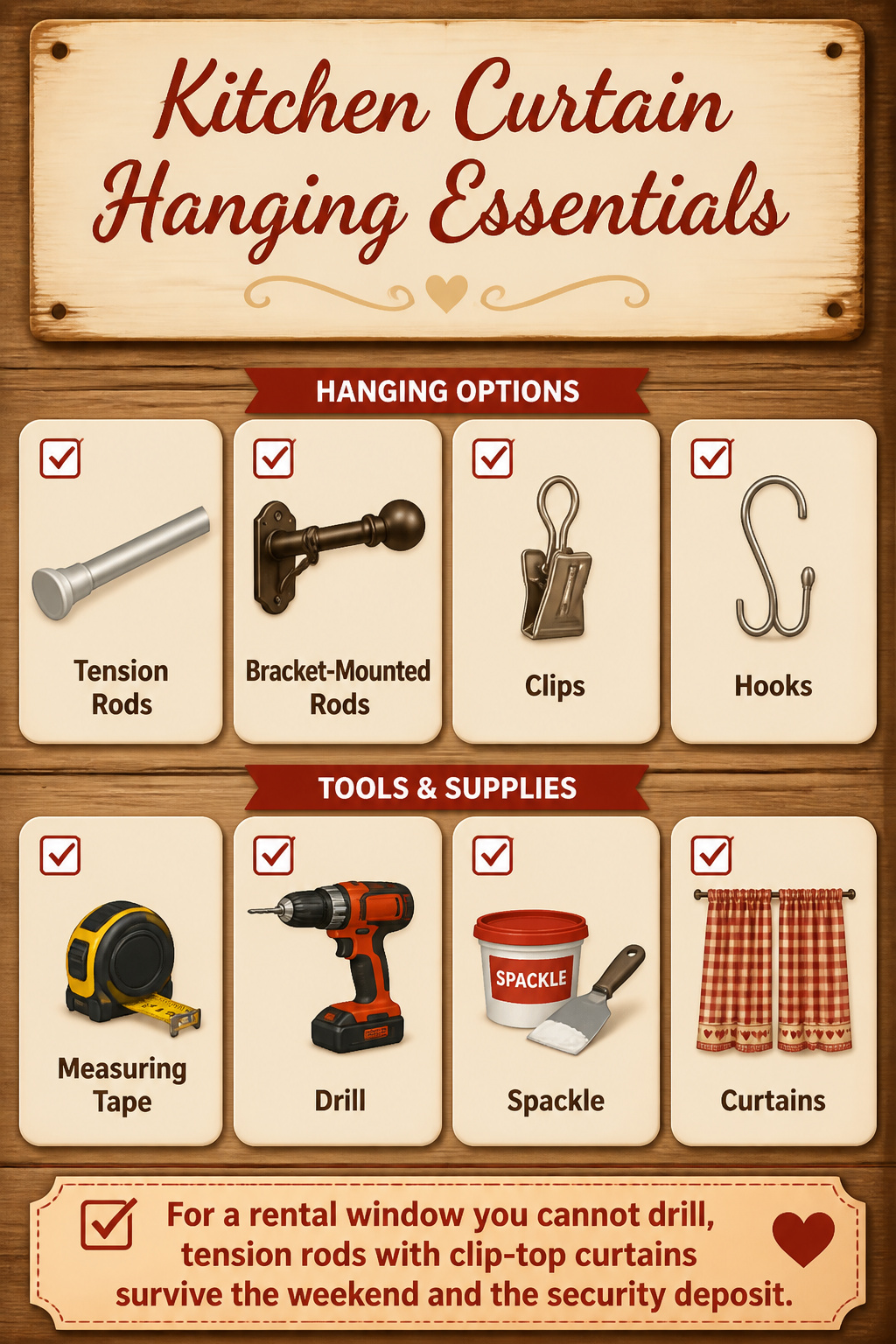 Kitchen Window Curtains: Styles, Fabrics, and How to Choose 9 Kitchen curtain hanging essentials including tension rods and clips.