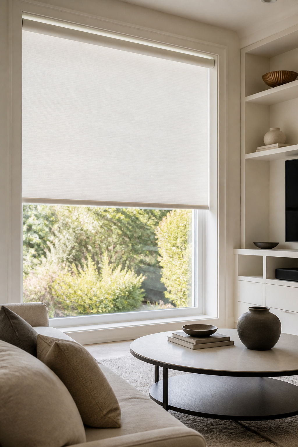 Living room with a motorized shade installed on a large window.