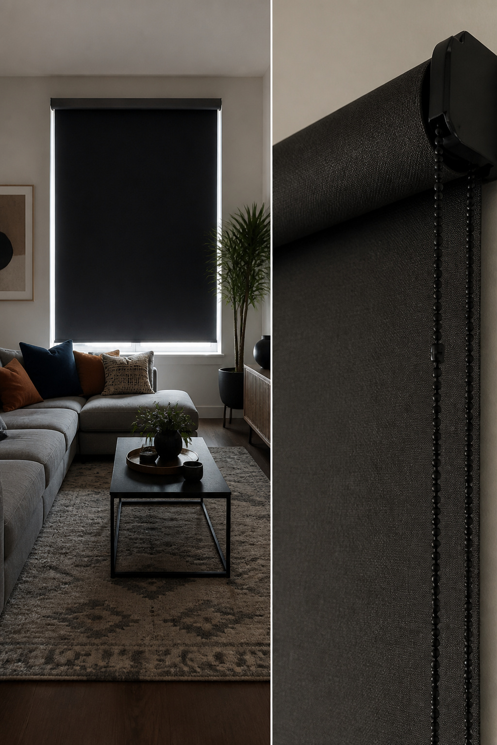 Living room with blackout roller shades fully closed on the window.