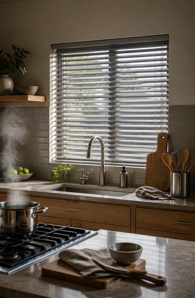 Faux wood blinds above a sink in a modern kitchen.