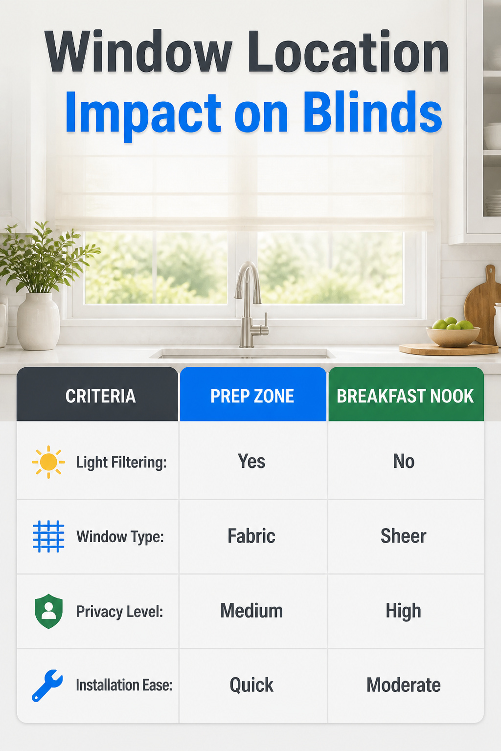 An infographic illustrating how window location affects blinds.
