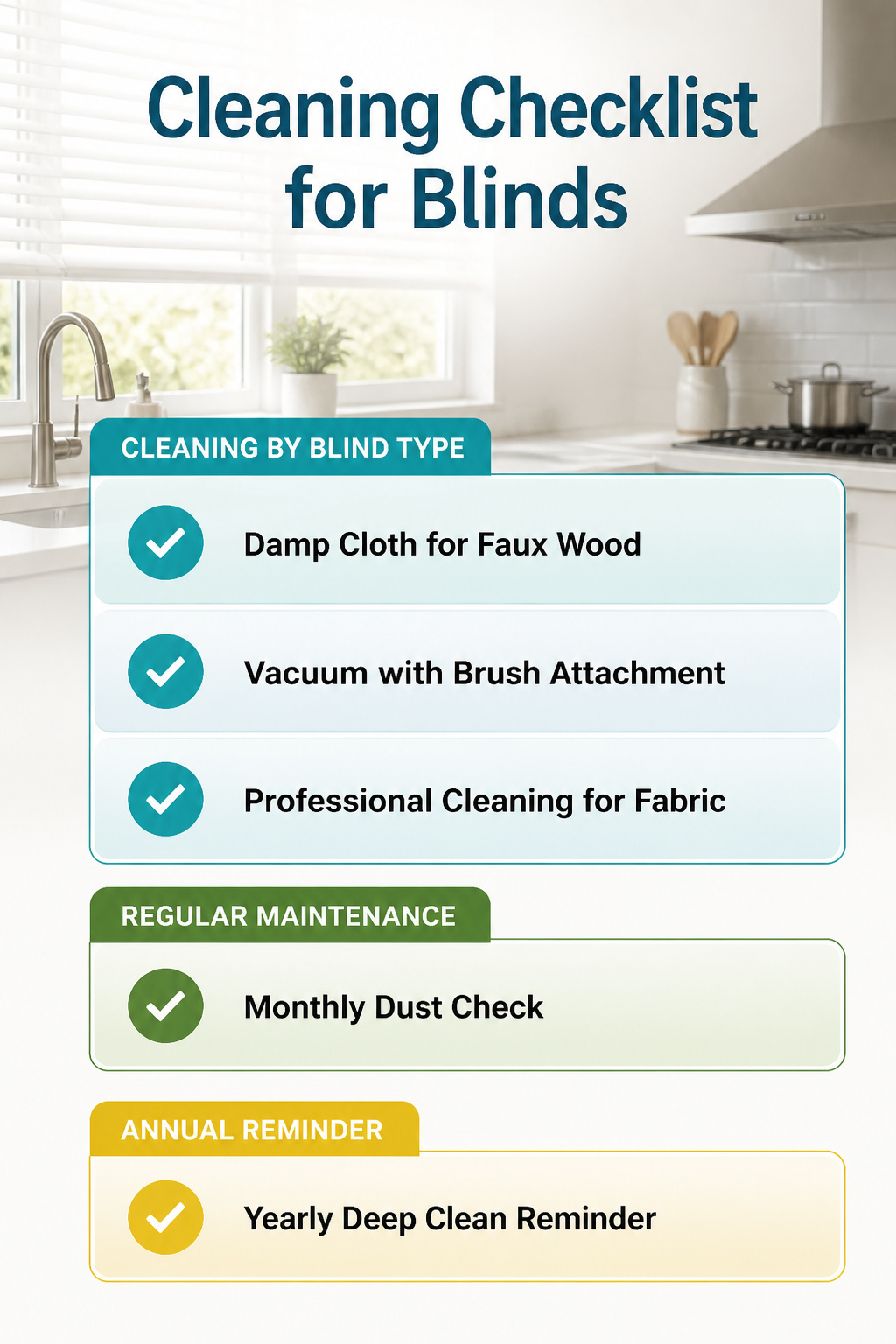 A checklist for cleaning various types of blinds.