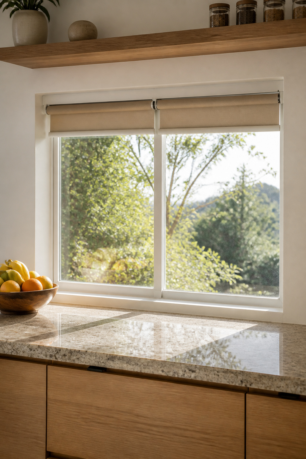 Roller shades installed above a kitchen sink.