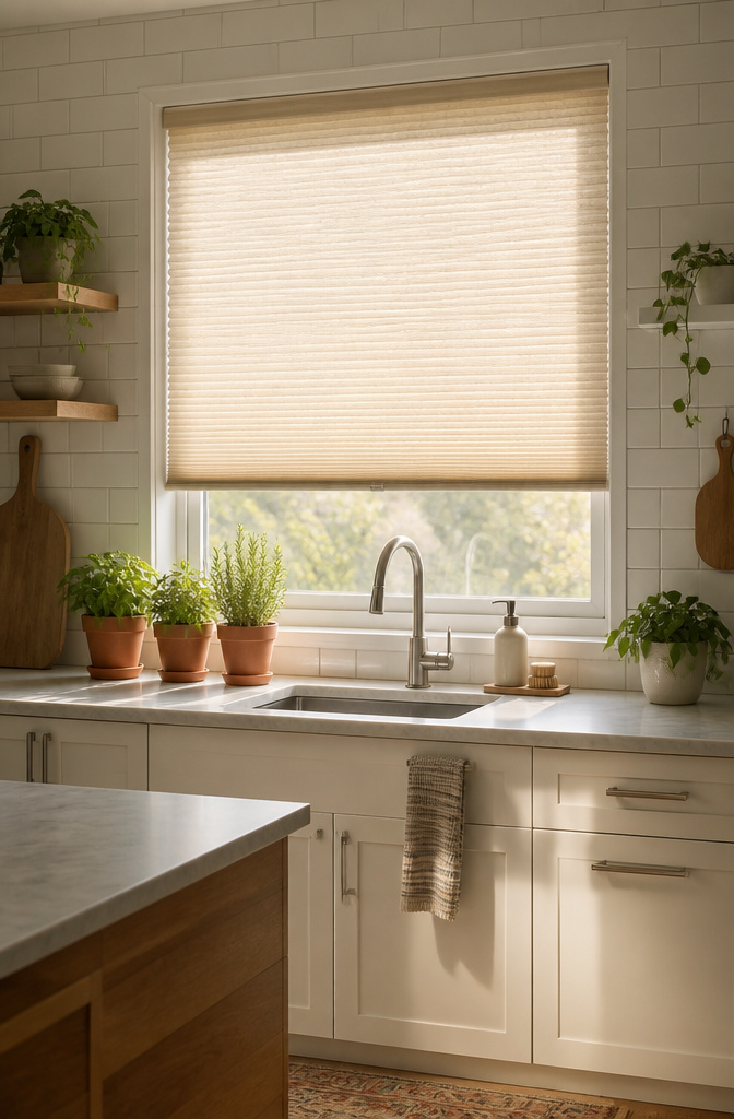Cellular shades covering a large window in a kitchen.