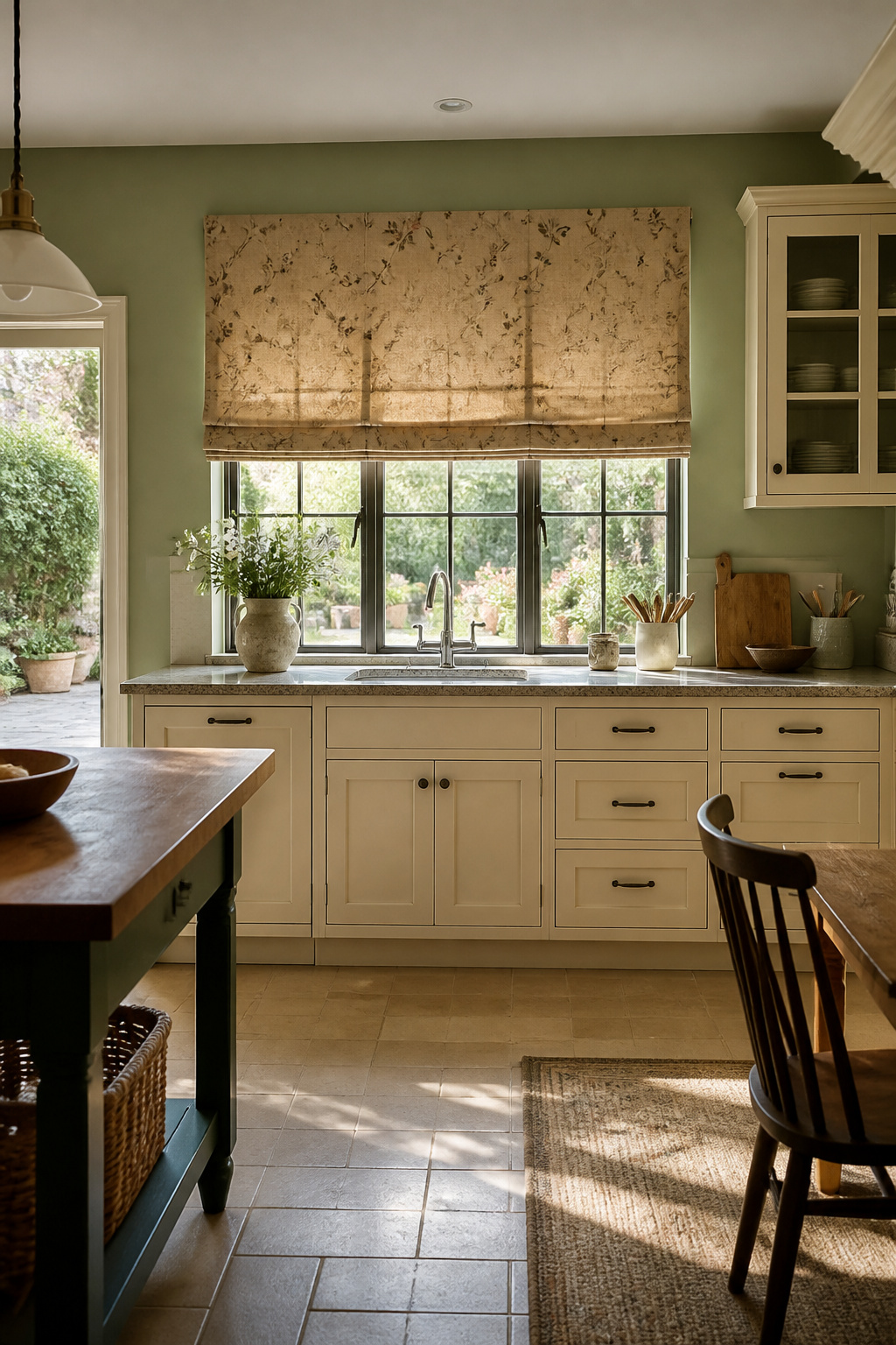 Roman shades in a kitchen, showcasing fabric folds.