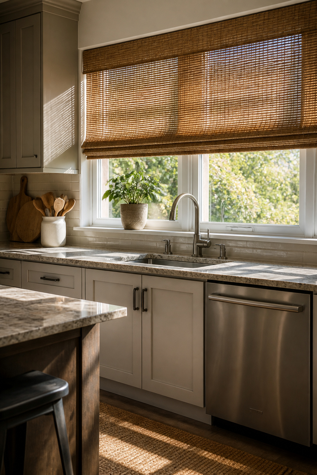 Woven wood shades covering a wide kitchen window.