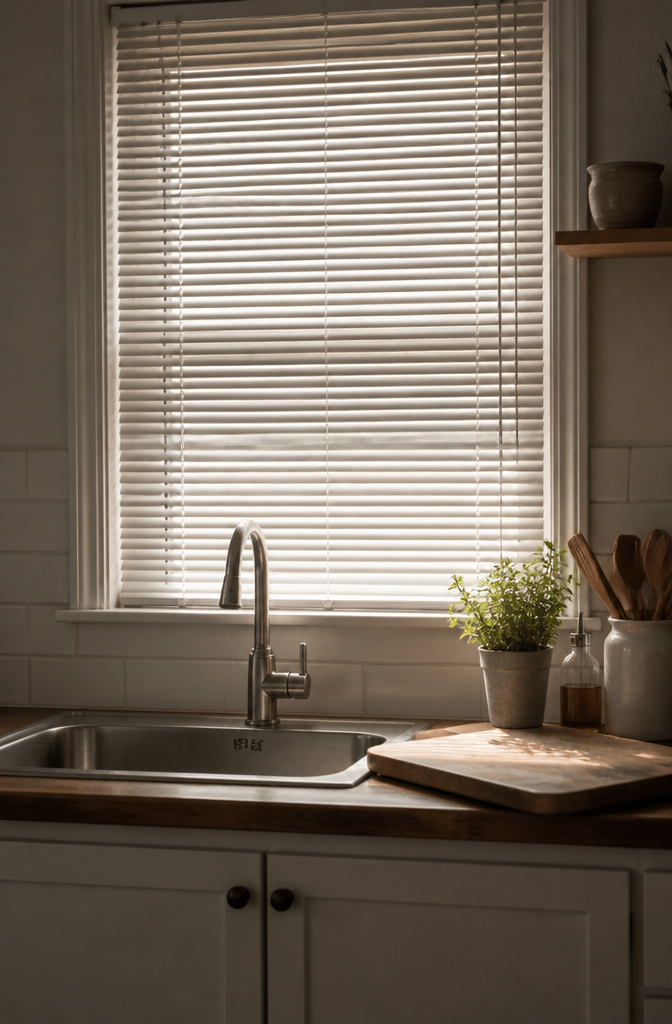 Aluminum mini blinds installed above a kitchen sink.