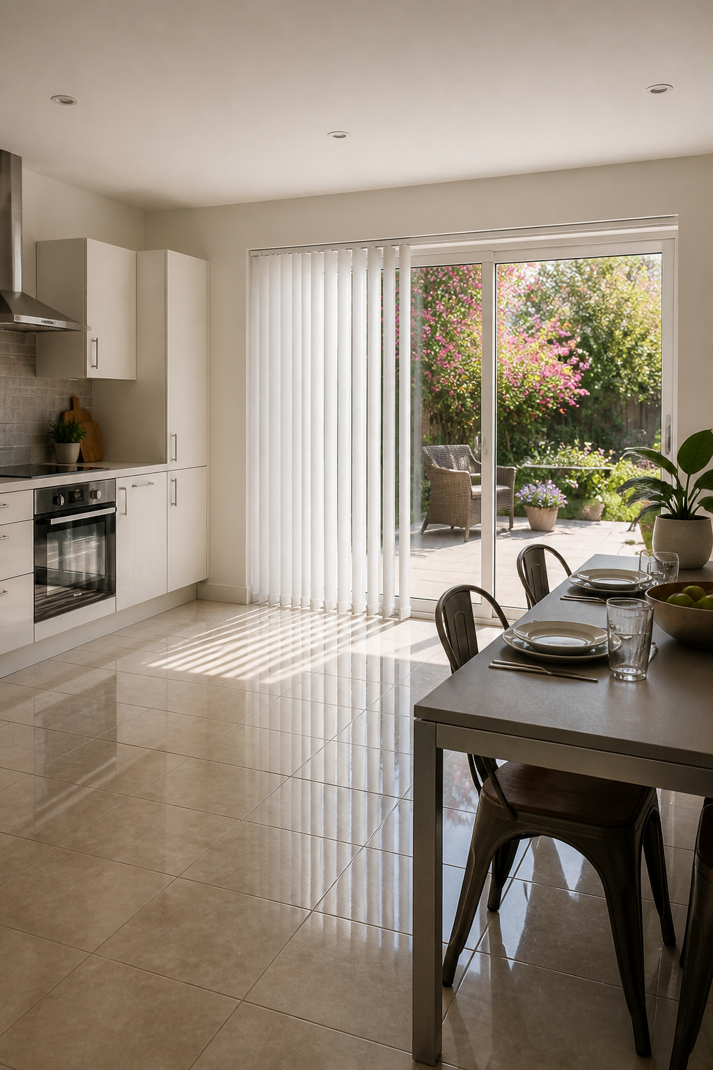 Vertical blinds covering a sliding glass door in a kitchen.