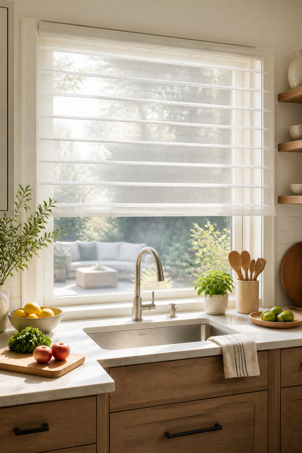 Sheer shades installed in a kitchen window.