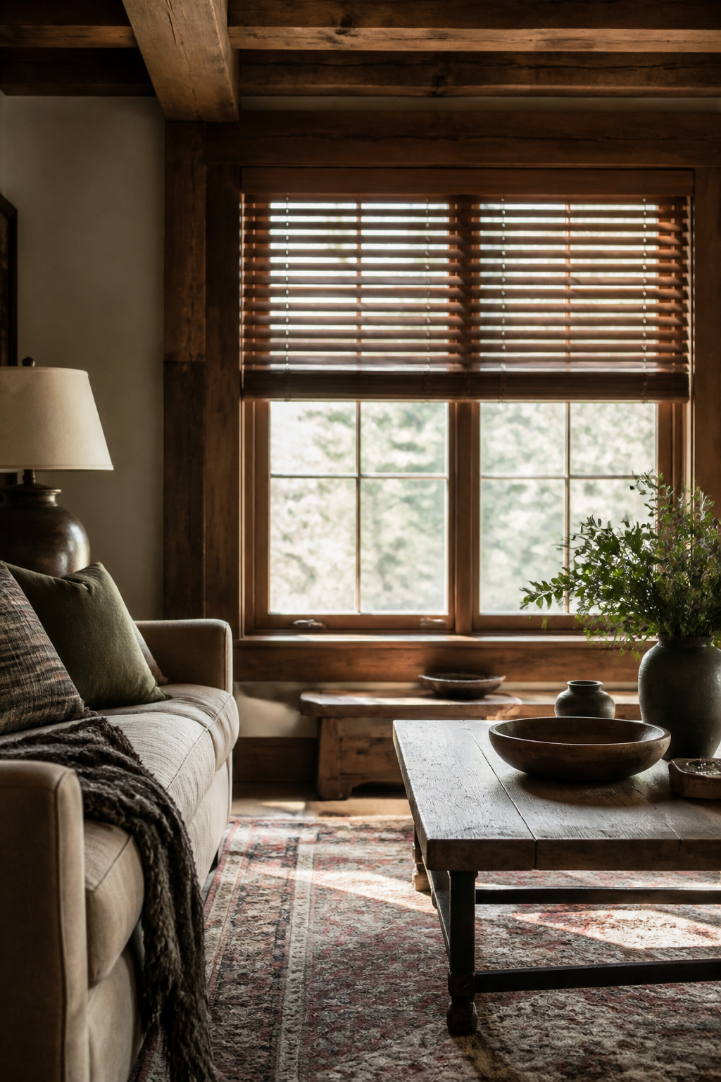 Cozy living room featuring stained wood blinds and exposed wooden beams.