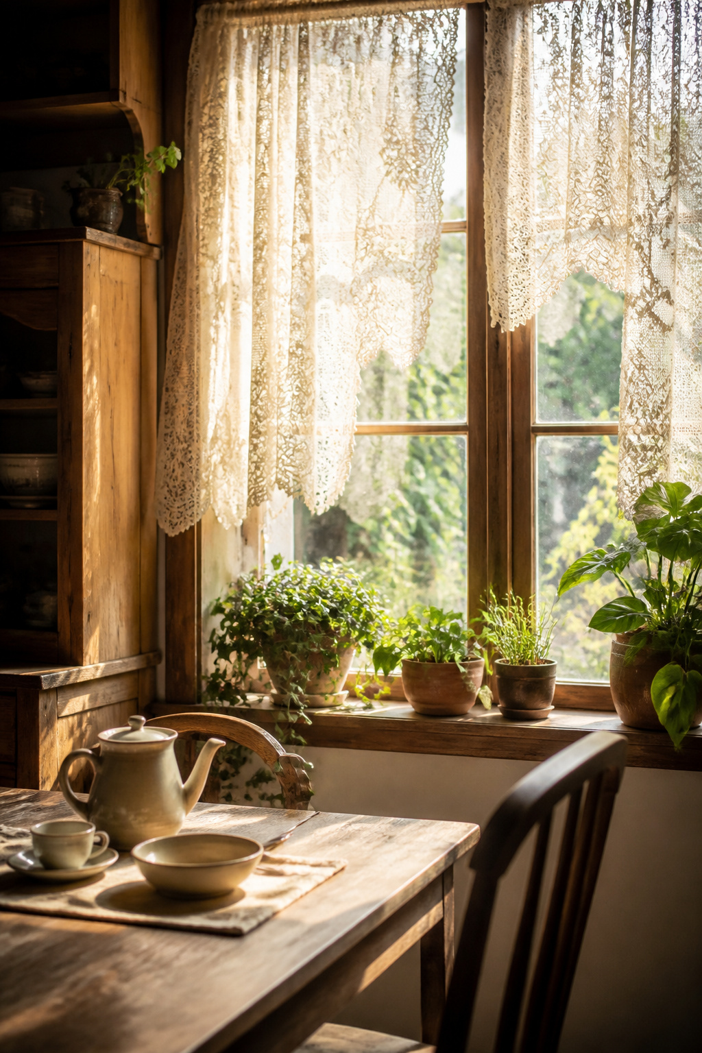 Breakfast area with lace curtains and a rustic wooden table.