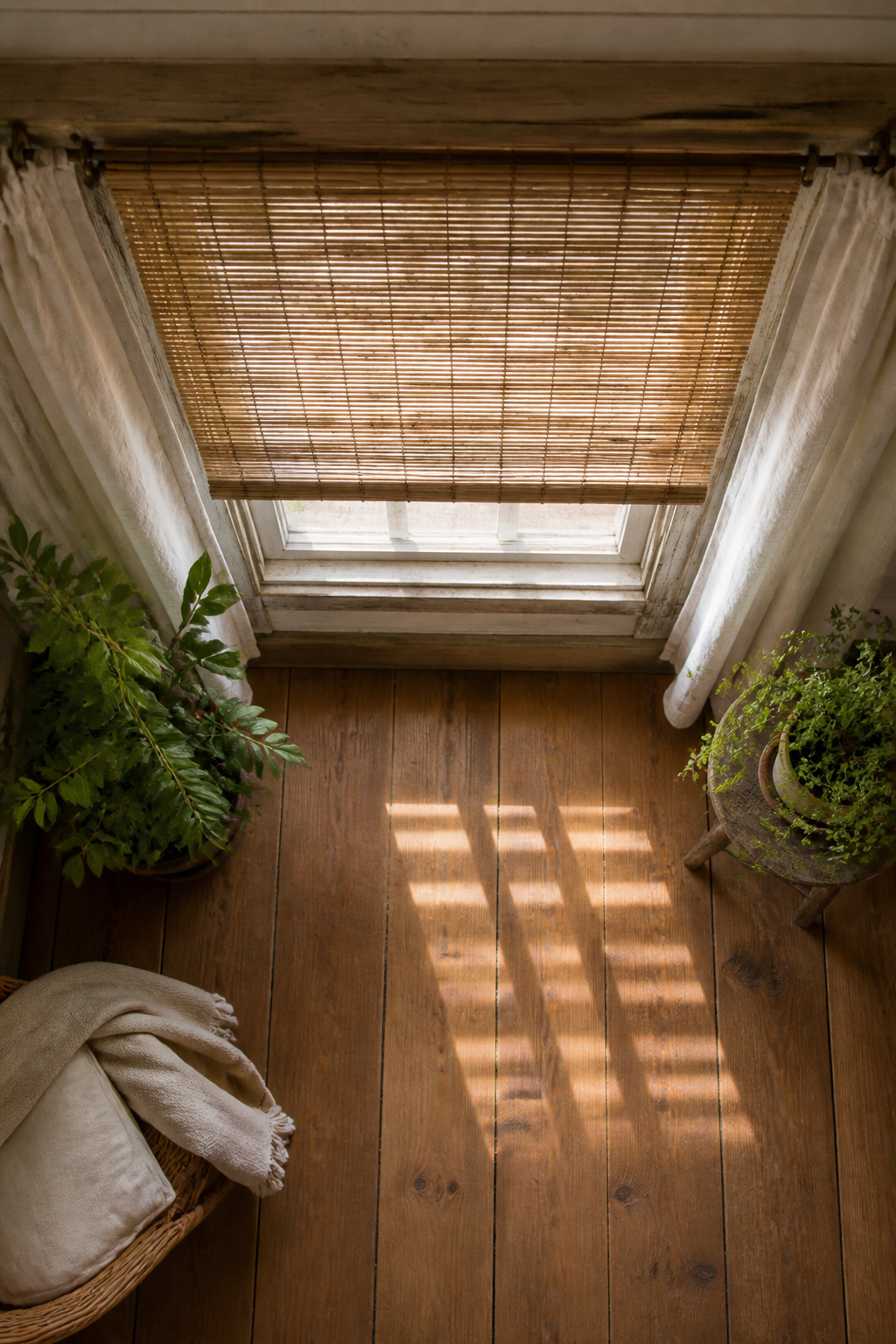 Close-up of bamboo shades and natural materials used in window treatments.