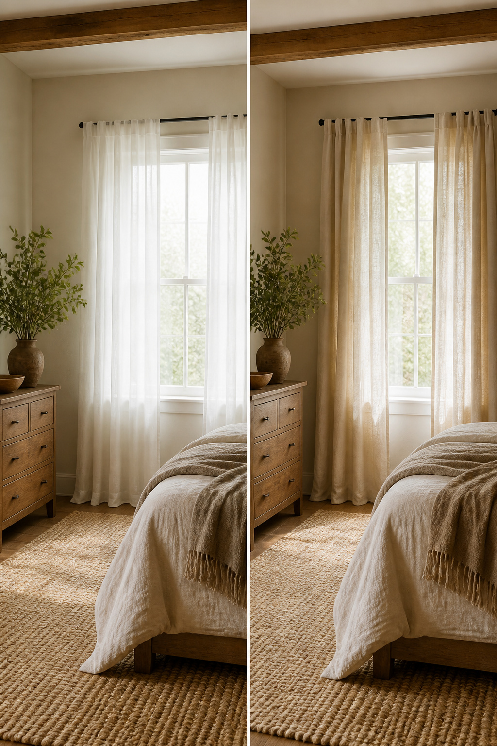 Neutral color swatches and fabrics used for rustic window treatments.