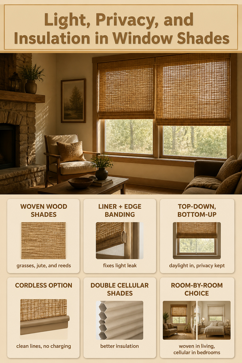 Woven wood shades installed on a window, allowing light to filter through.