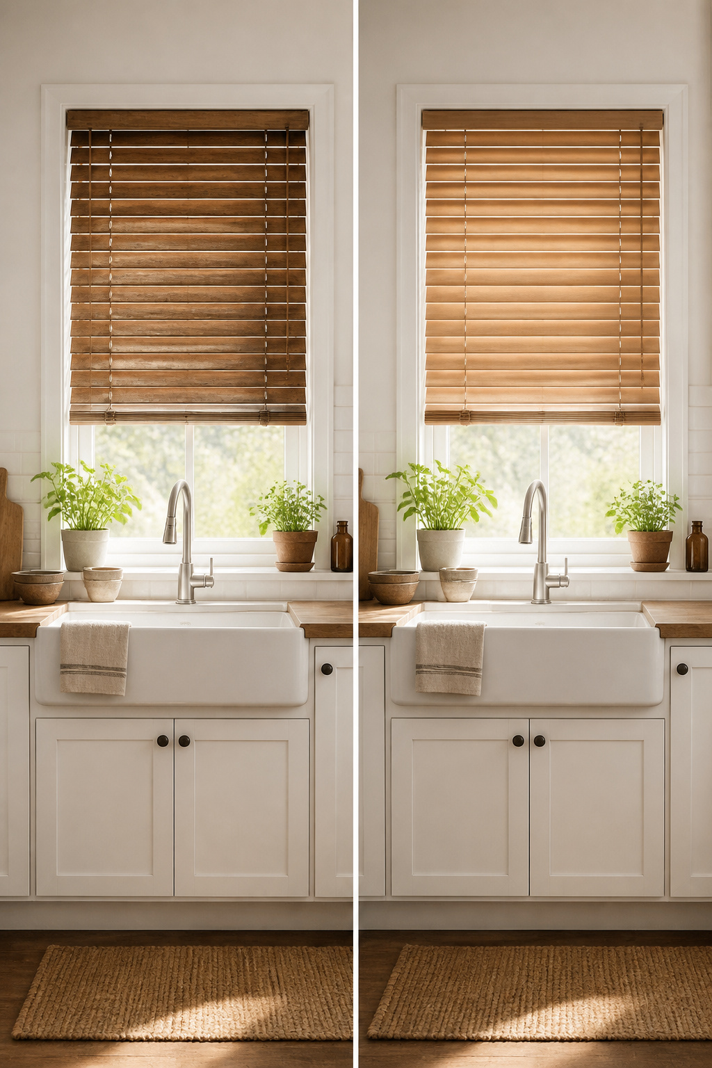 Faux wood blinds in a kitchen setting, showcasing their moisture resistance.