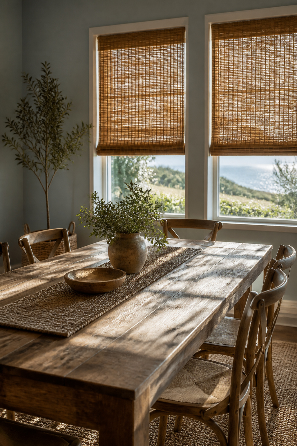 Dining room with woven wood shades allowing filtered sunlight.