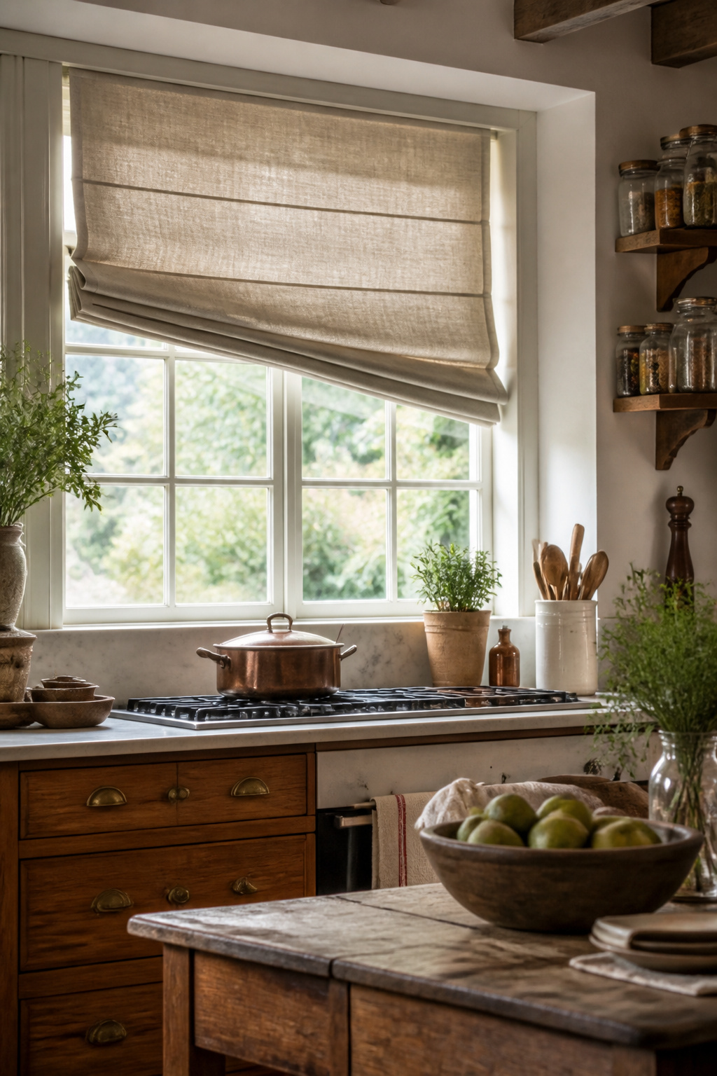 Roman shades made of linen in a light-filled room.