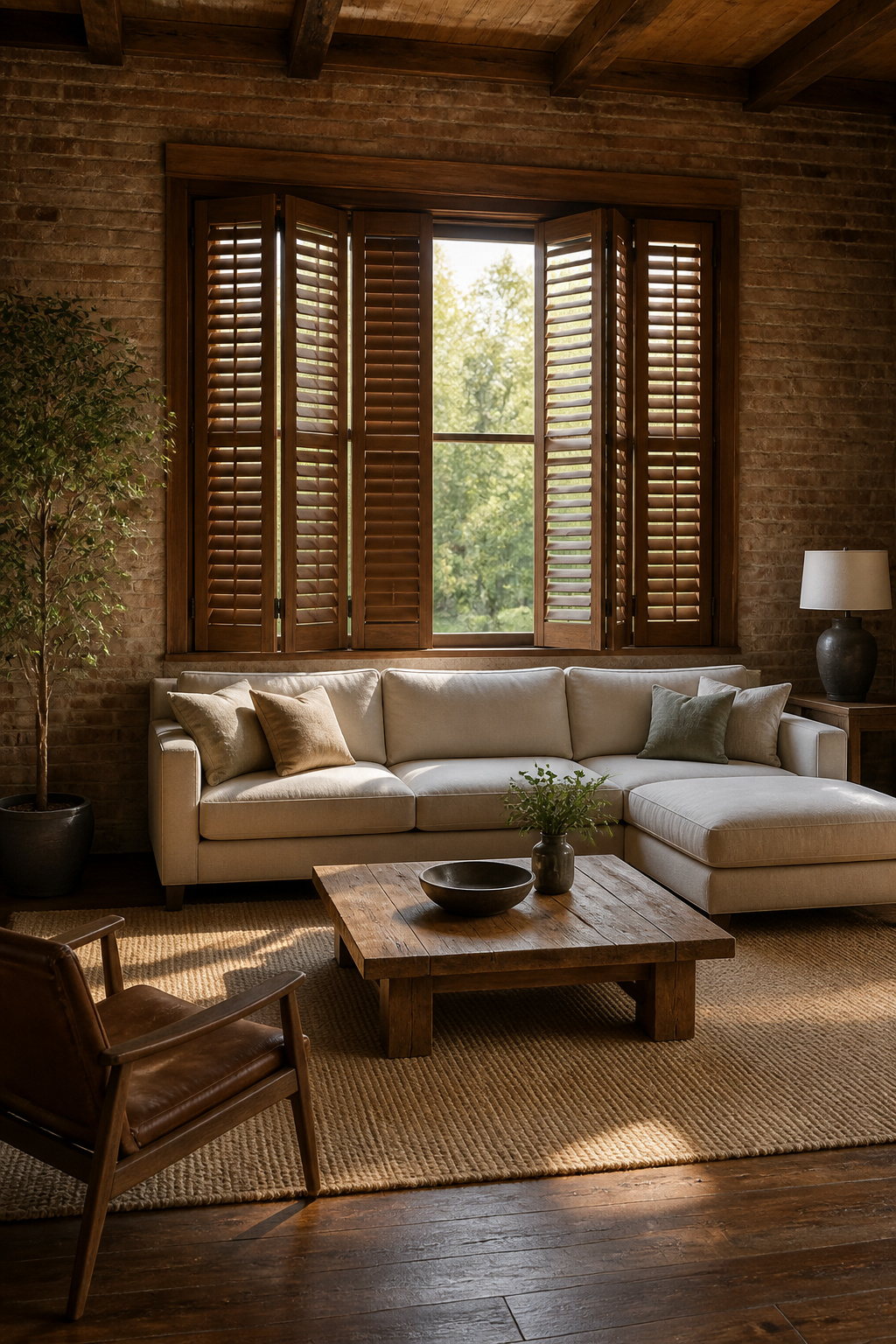 Plantation shutters with wide louvers in a rustic setting.