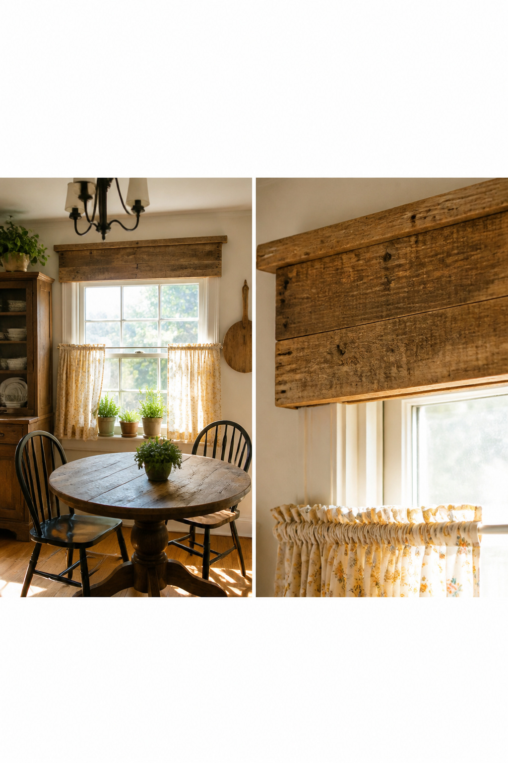 Wooden valance made from reclaimed lumber above a window.