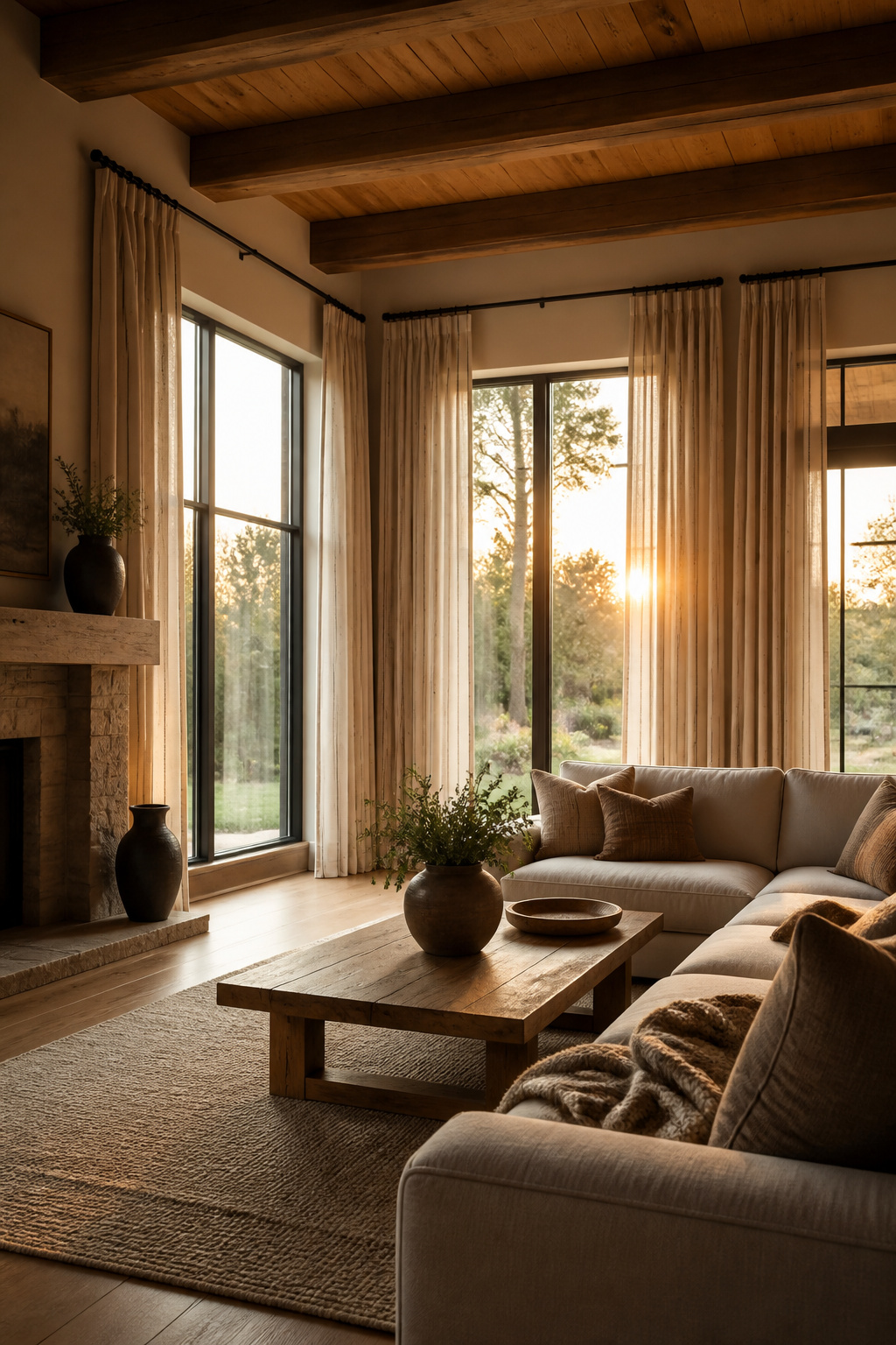 Living room with vertical striped curtains and views of the garden.