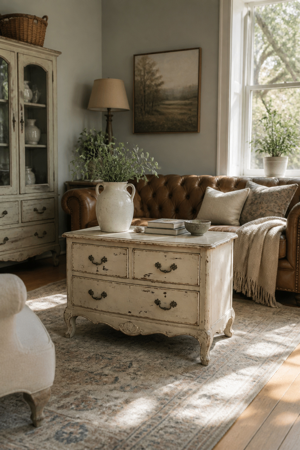 10 Shabby Chic Living Room Ideas for Soft, Lived-In Charm 2 A shabby chic living room with a distressed dresser and an antique leather sofa.
