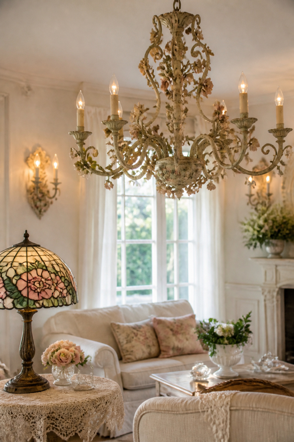 10 Shabby Chic Living Room Ideas for Soft, Lived-In Charm 7 A French crystal chandelier hanging in a shabby chic living room.