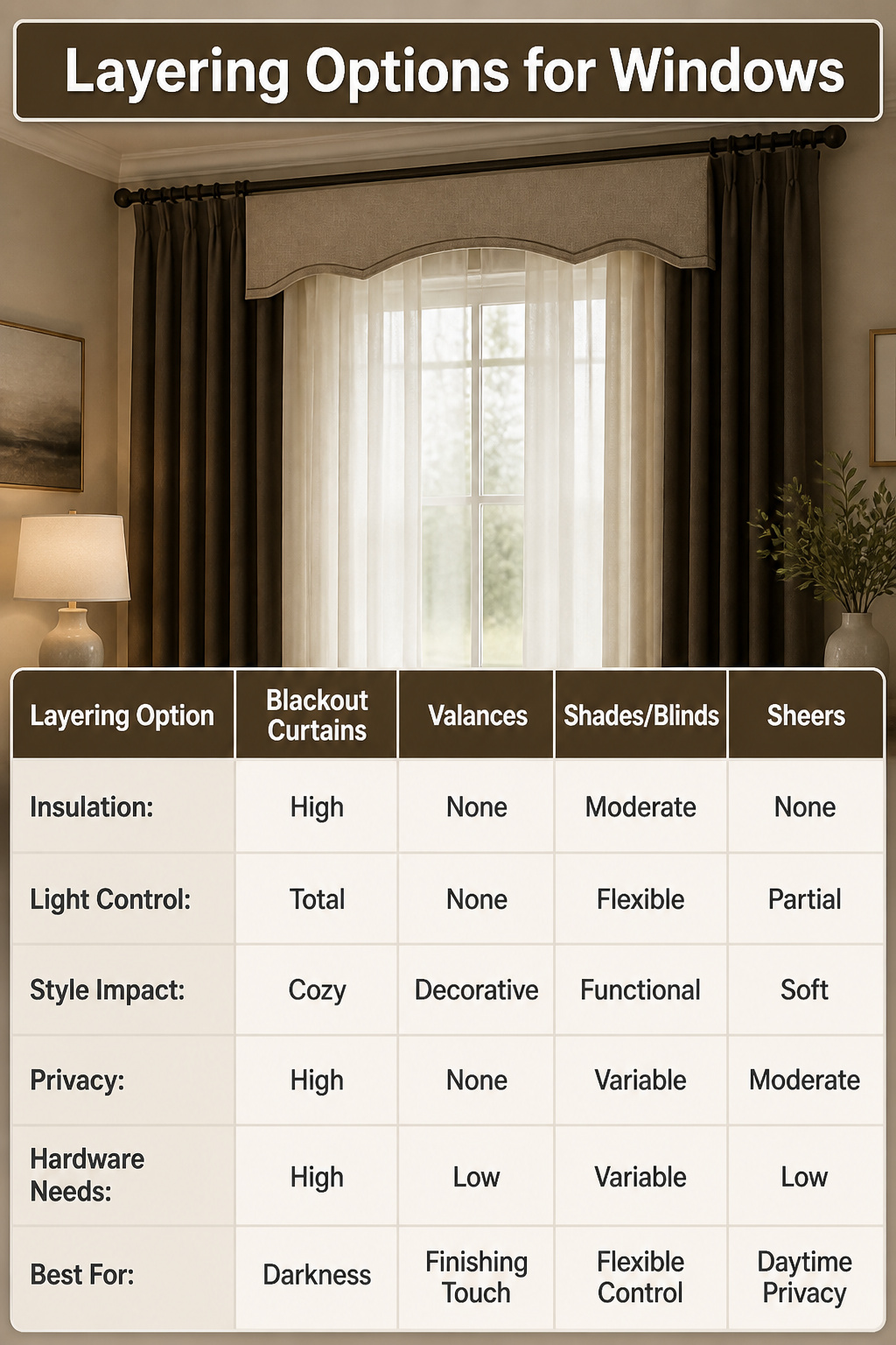 How to Layer Sheer and Curtains Together: A 2026 Installation Guide 7 Different window layering options featuring curtains and valances.