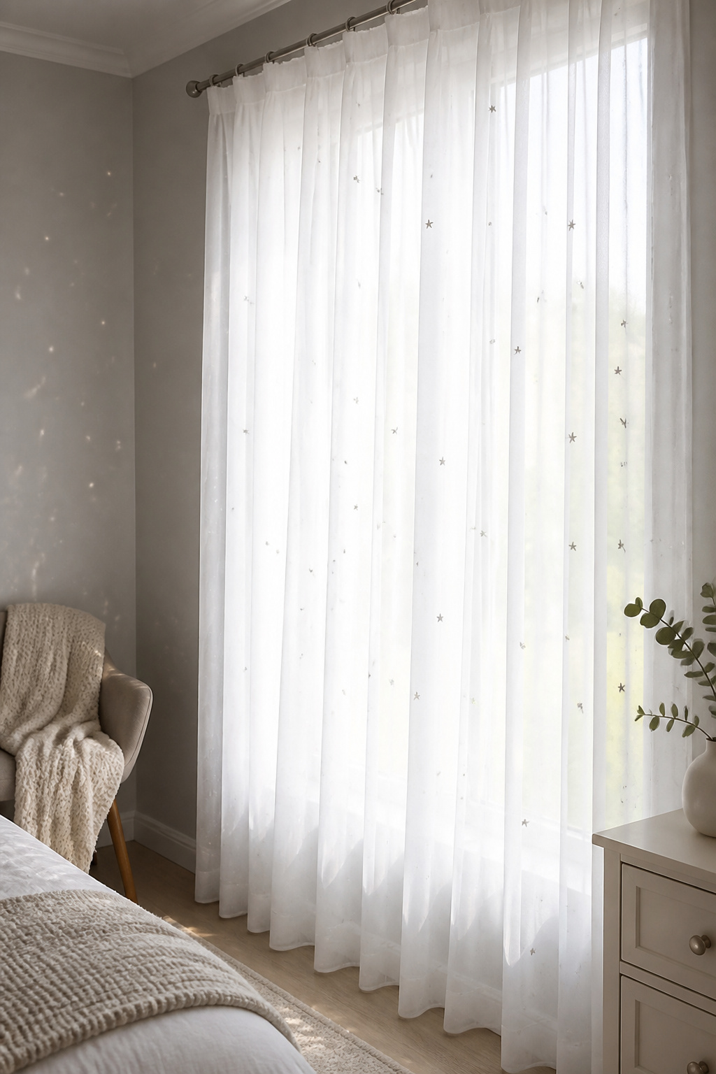 A white sheer curtain with glitter stars hanging in a window.