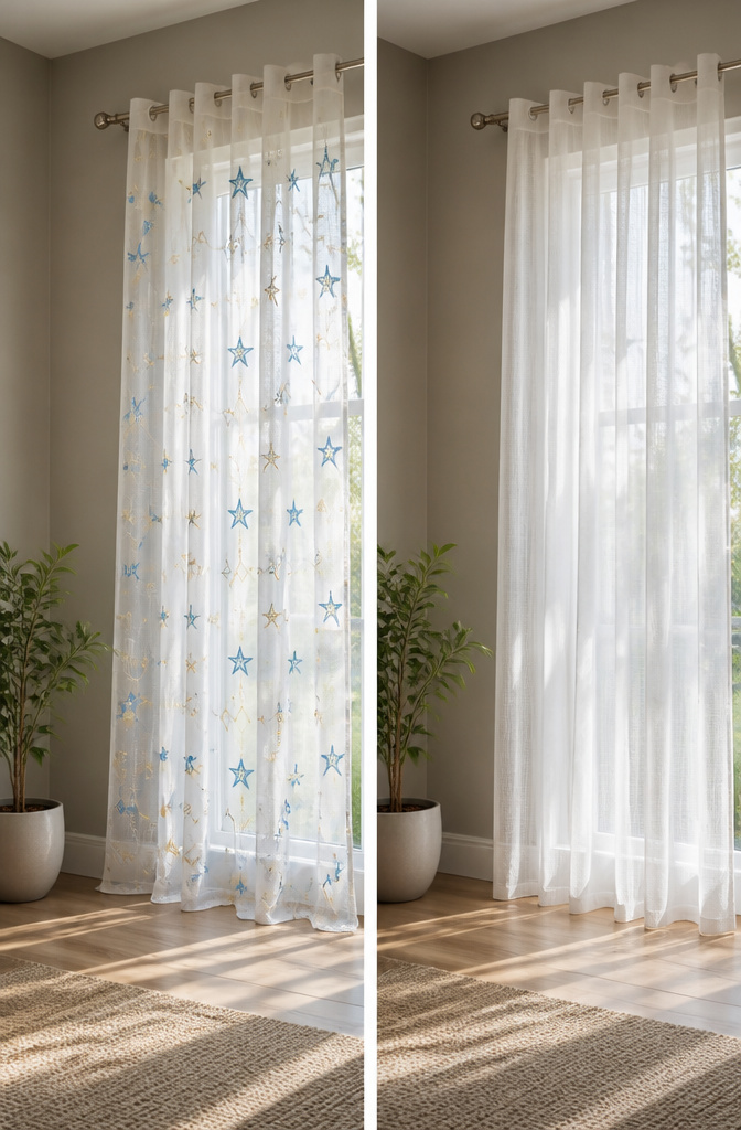 A white voile curtain with shimmering blue and gold geometric embroidery.