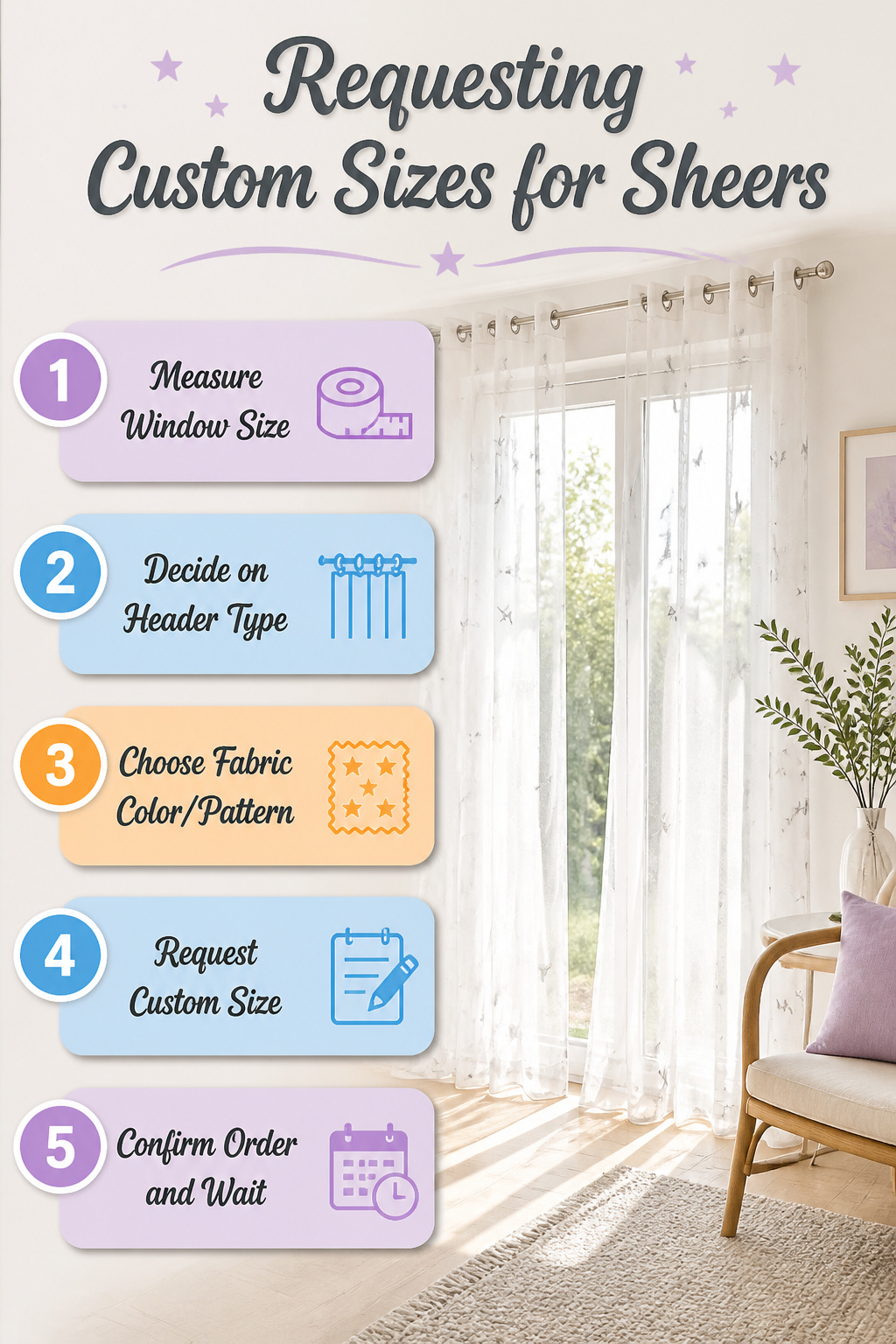 Image showing options for requesting custom sizes for sheer curtains.