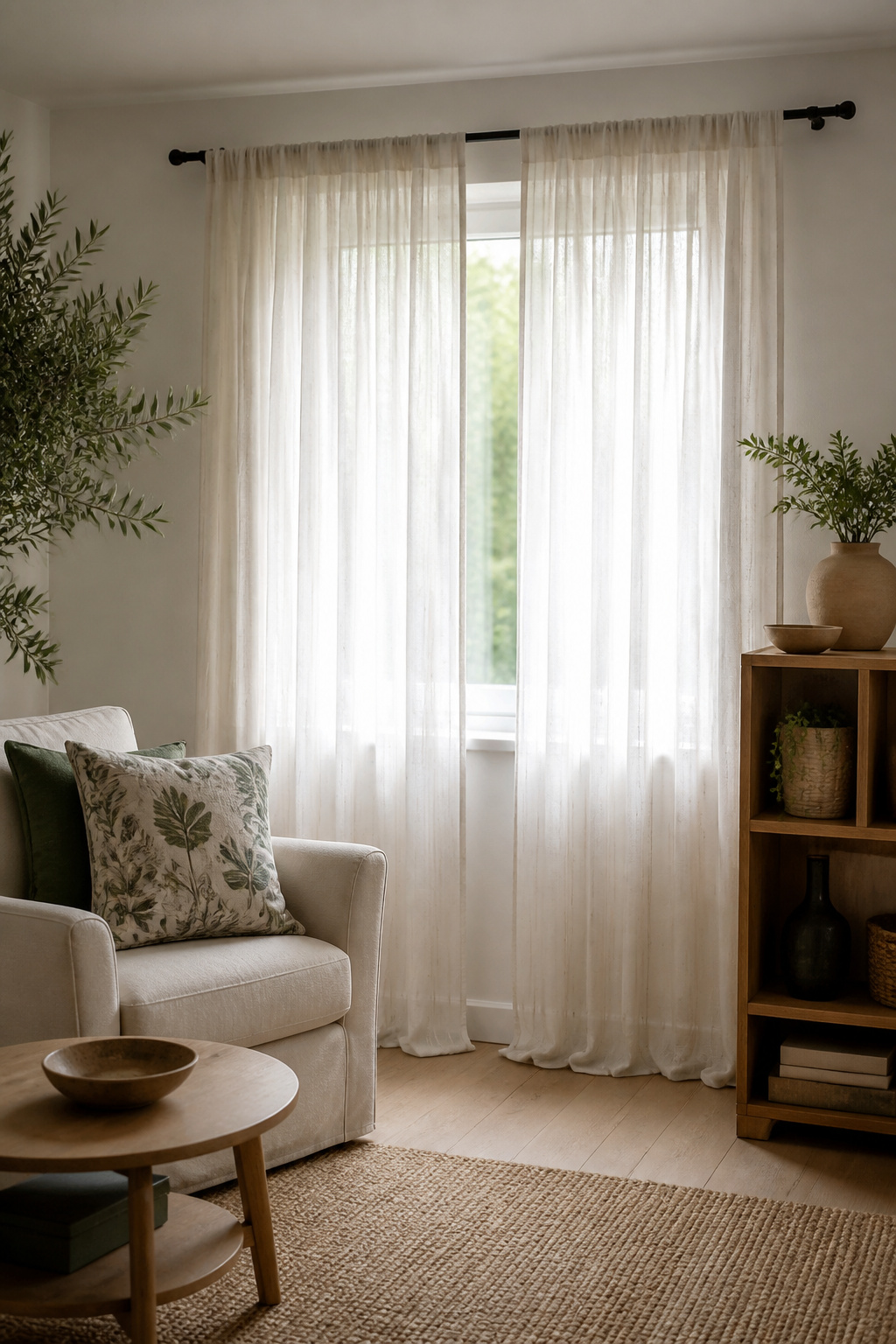 A narrow white striped cotton sheer curtain covering a window.