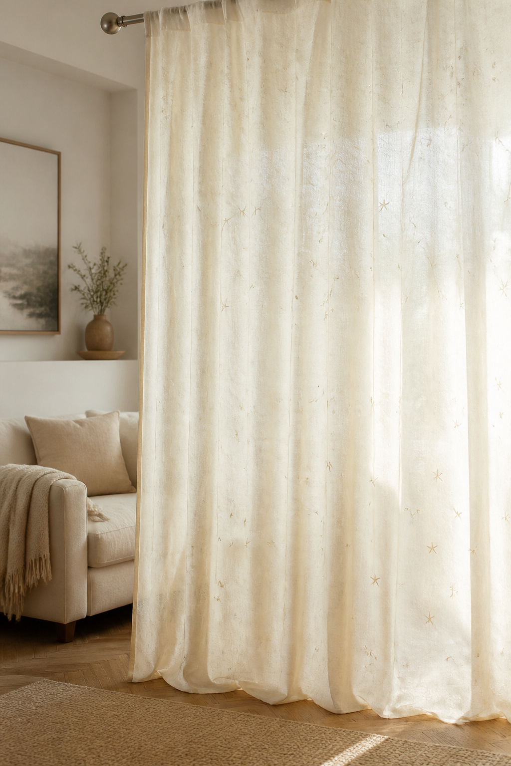 A cream ivory crushed semi-sheer voile curtain in a cozy living space.