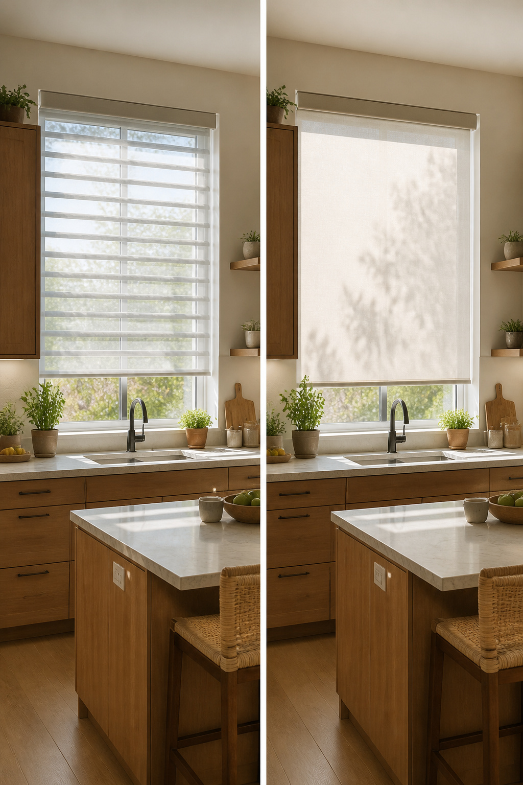 Sheer shadings with floating vanes in a kitchen window.