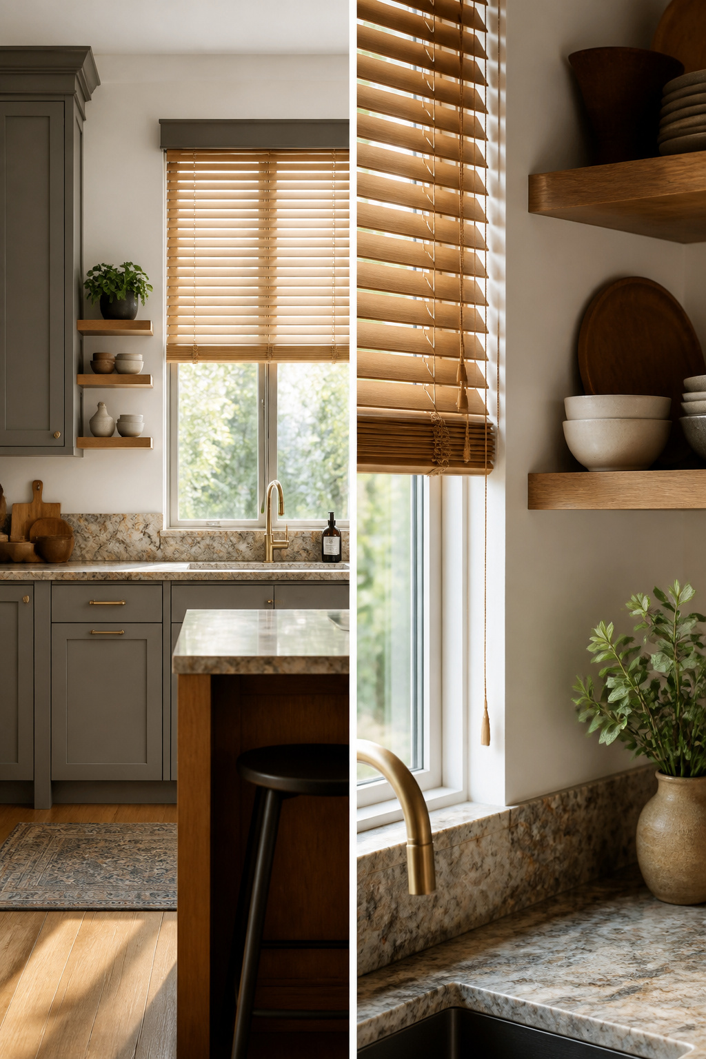 Honey-toned wood blinds installed against gray shaker cabinets.