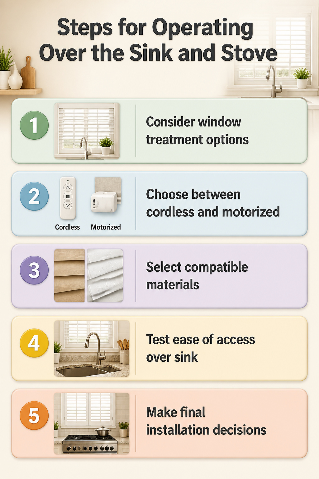 Steps for operating window treatments above a sink and stove.