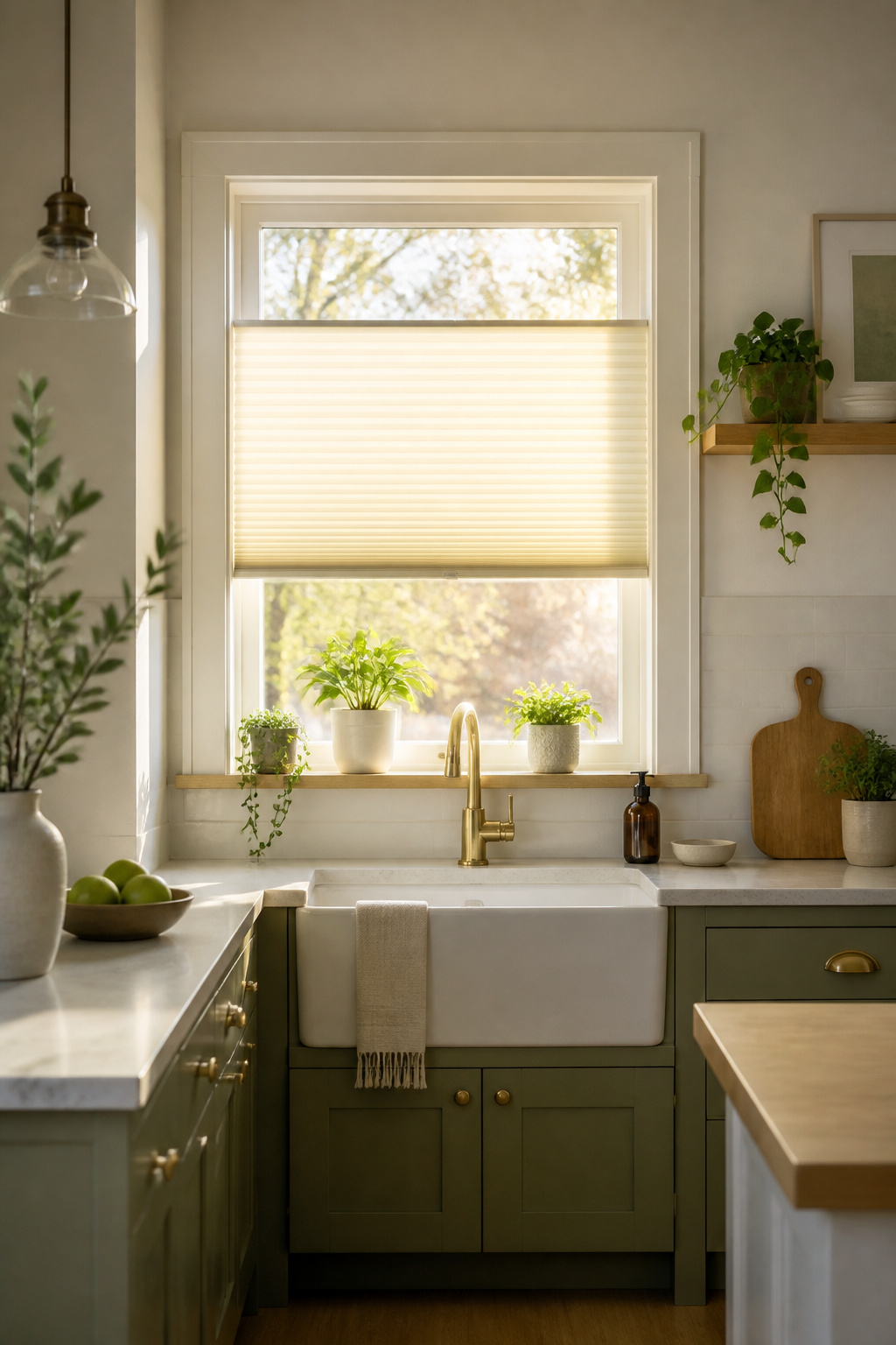 Cream cellular shade drawn halfway up in a modern kitchen.