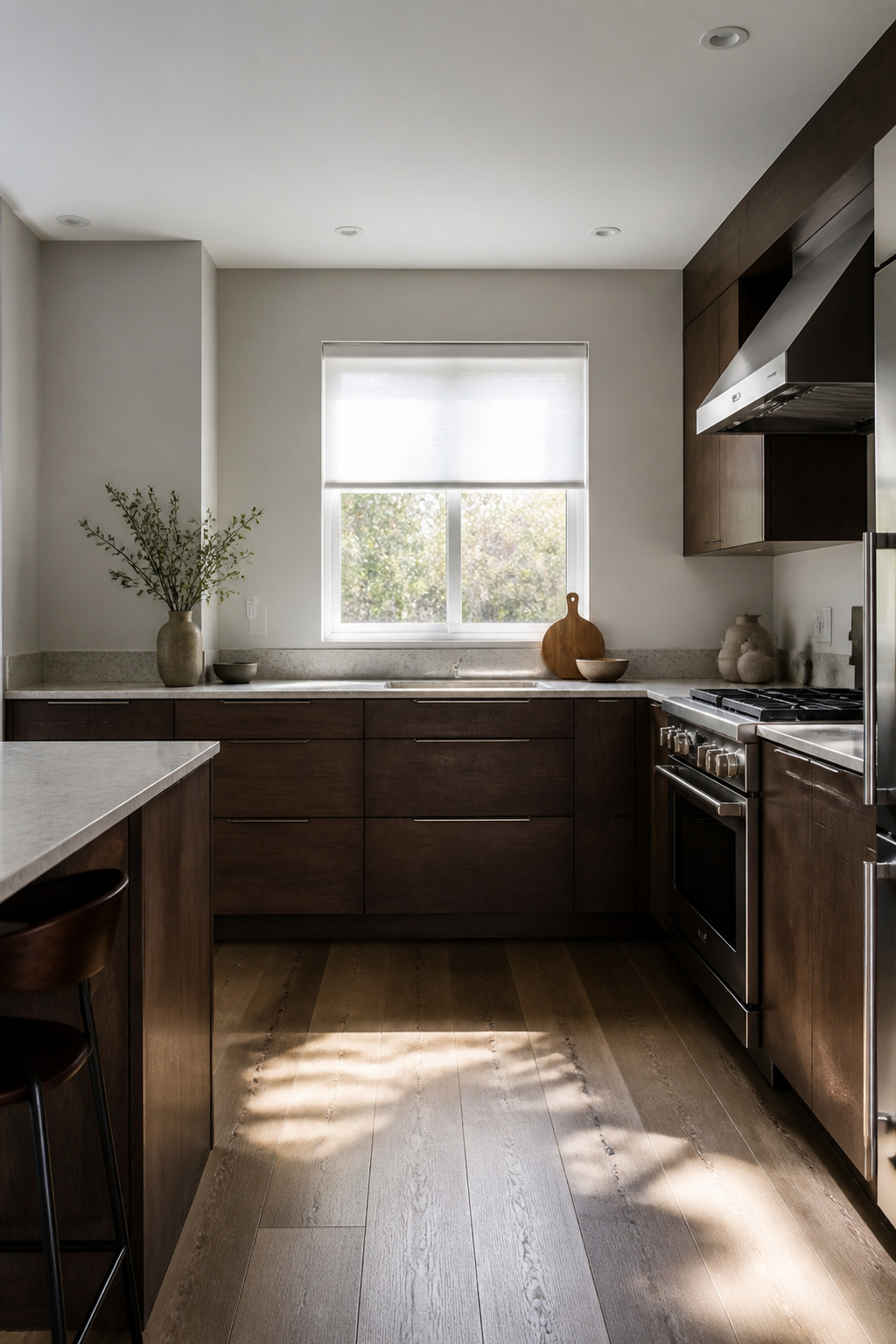 Roller shades installed nearly flush against a kitchen window.