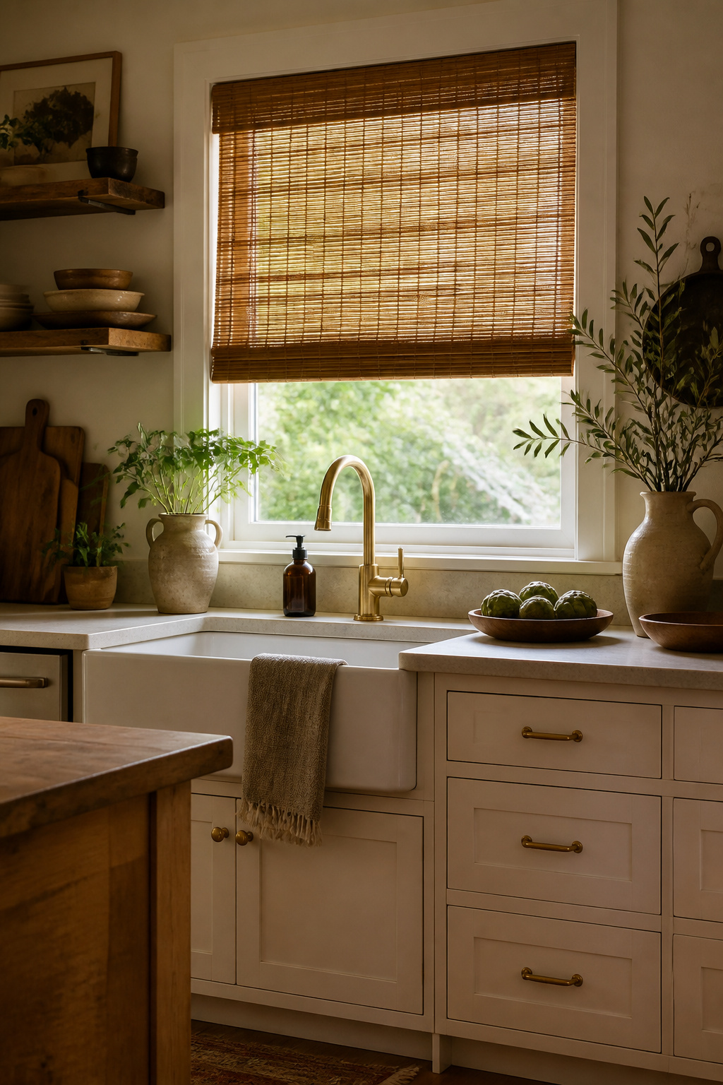 Woven wood shades made of bamboo and jute in a small kitchen.