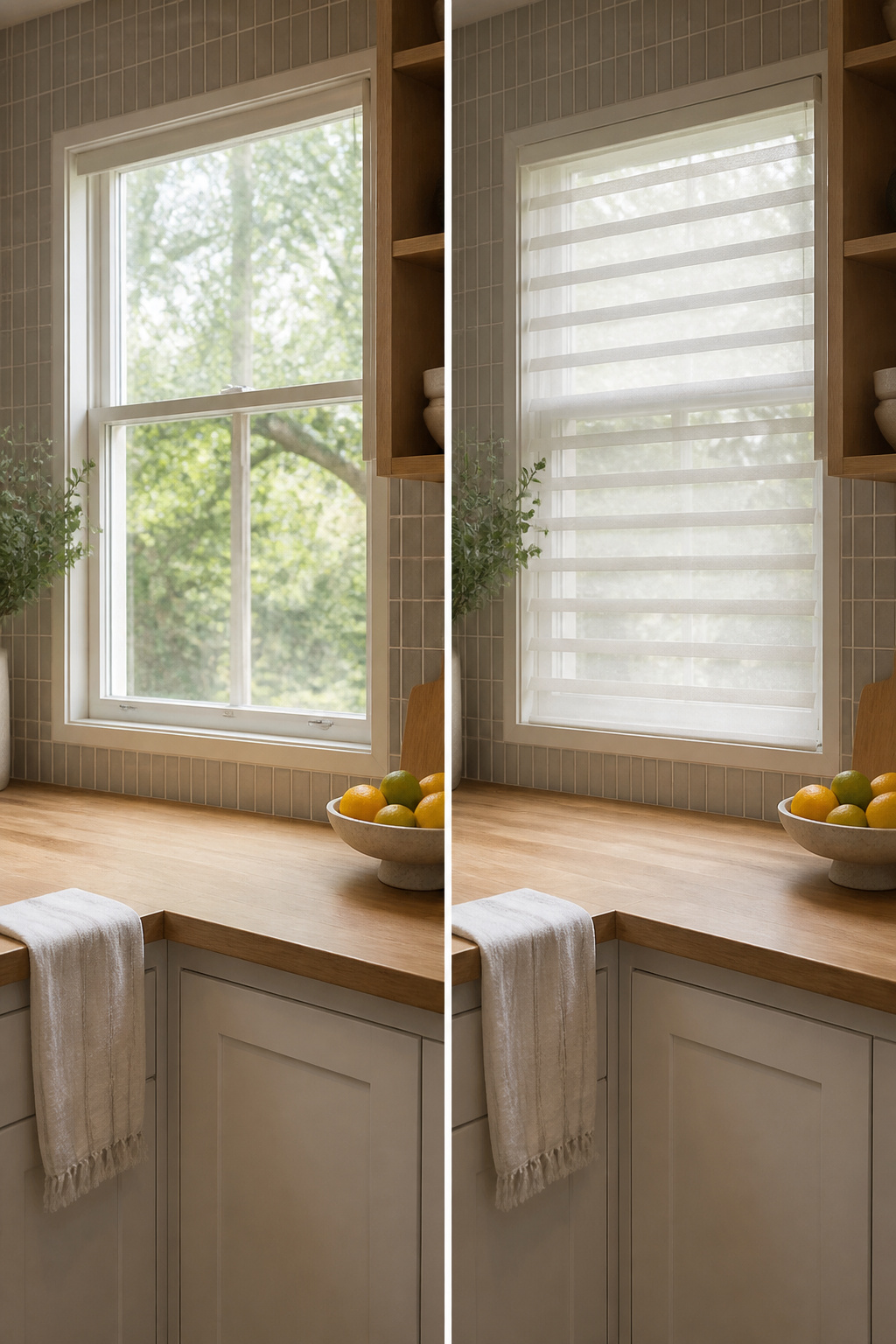Sheer shadings with S-shaped vanes installed in a kitchen window.