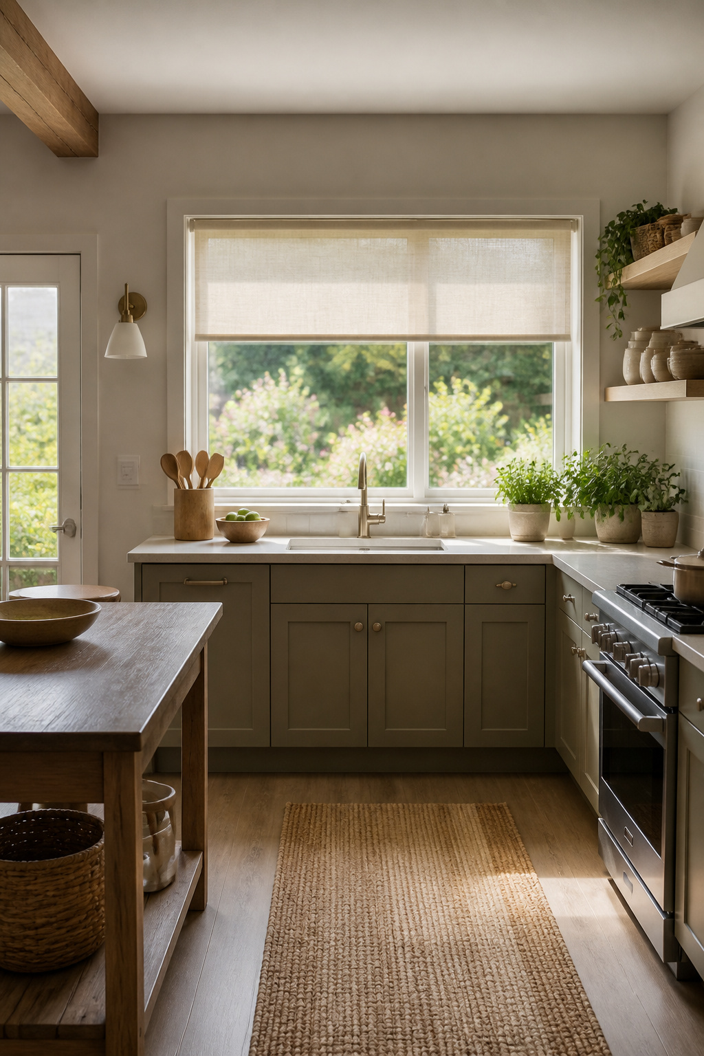Solar shades covering a kitchen window with a view outside.