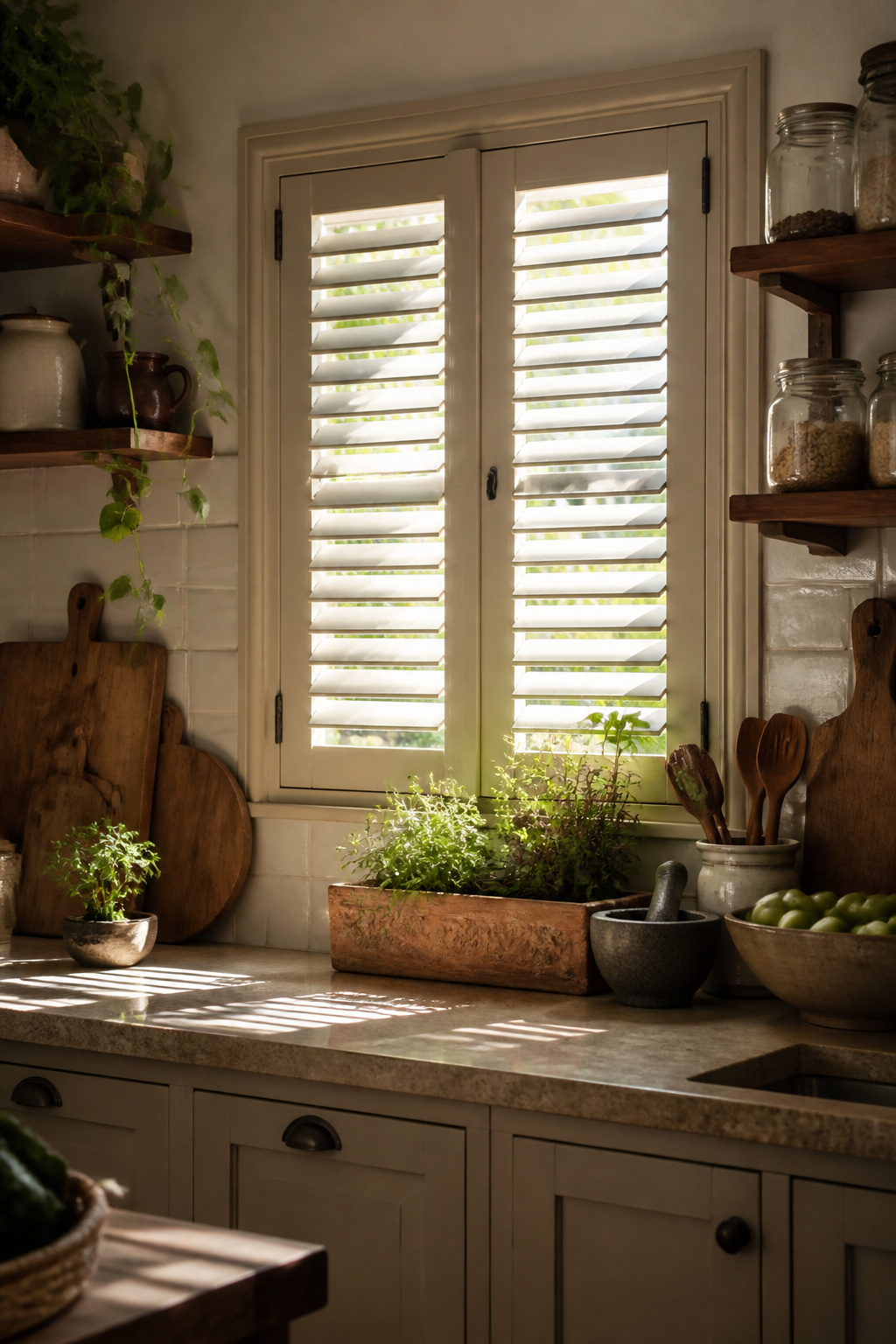 Louvered shutters installed at a small kitchen window.