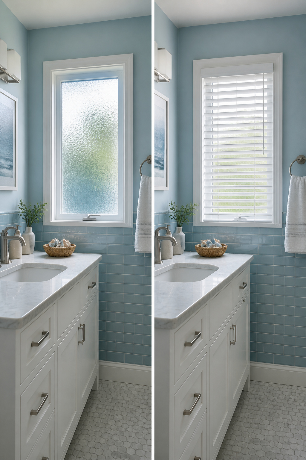 10 Small Window Ideas for 2026: Shades, Shutters & Curtains 6 Small window adorned with faux wood blinds in a bathroom.