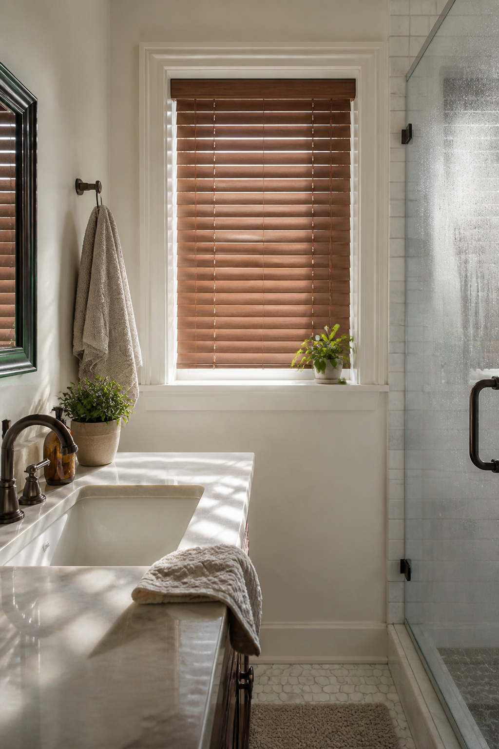 12 Small Window Privacy Ideas: Blinds, Shades, Film & More 1 Faux wood blinds installed beneath a small window in a bathroom.