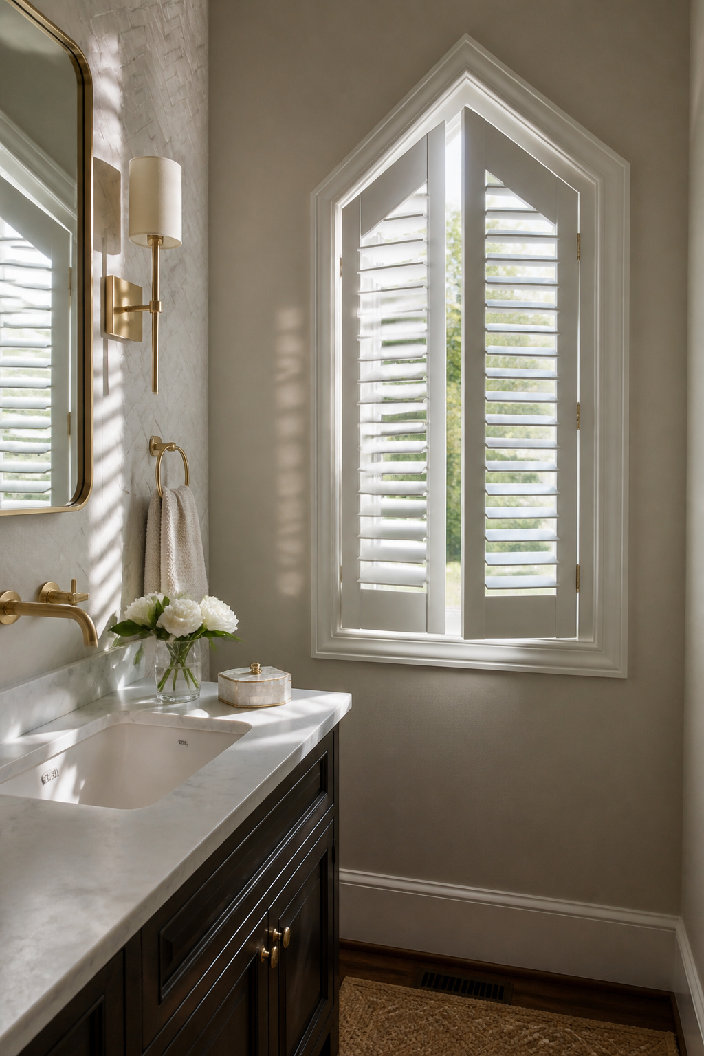 12 Small Window Privacy Ideas: Blinds, Shades, Film & More 10 Custom shutters installed in a uniquely shaped bathroom window.