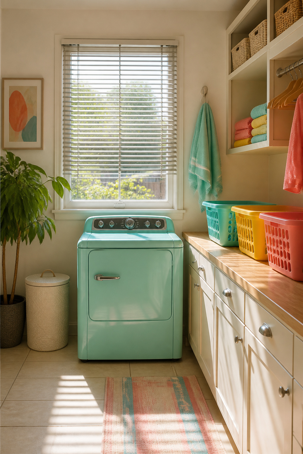12 Small Window Privacy Ideas: Blinds, Shades, Film & More 12 Mini blinds above a compact window in a laundry room.